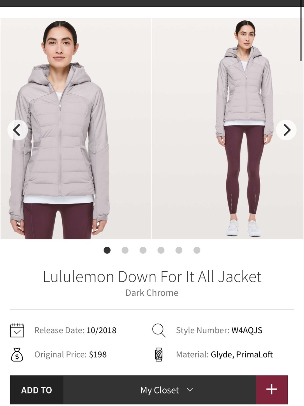 176-$75 *FREE SHIPPING* Lululemon Down For It All Jacket Dark Chrome size 8